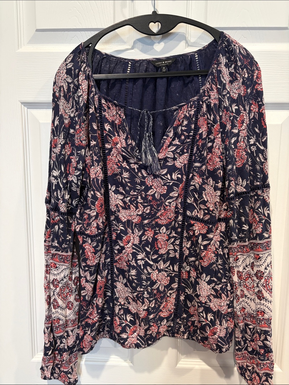 Lucky Brand Navy Floral Tassel Peasant Top